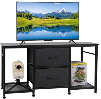 Industrial TV Cabinet for 45 Inch TV, 2 Fabric Drawers & 2 Open Shelves | 113 cm Wide, Black, Metal Frame, Wood-Effect Top, 2 Shelves, 2 Fabric Drawers, 8 Foot Pads, Living Room,Bedroom