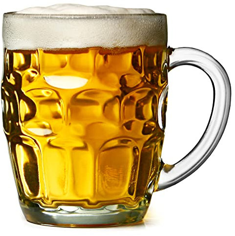 Drinkstuff Great British Pint Glass Tankards – Set of 4 Dimpled Glass Mugs with Handle, 568ml Pint Glasses for Beer, Ale & Lager – Dishwasher Safe, Gift Boxed (24)