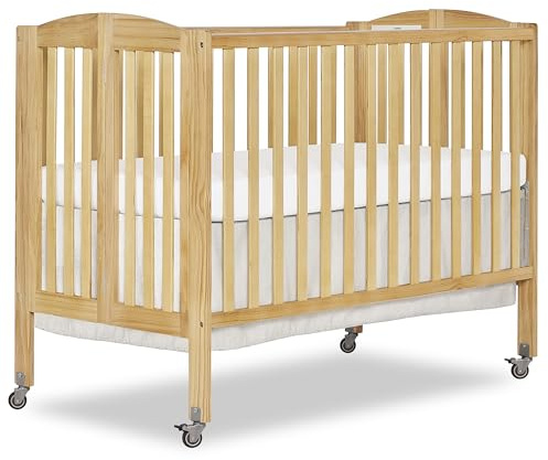 Dream On Me Full-Size 2-in-1 Folding Baby Crib in Natural, GreenGuard Gold & BSA, Portable, Patented Quick Folding System, Strong Wheels, 2 Adjustable Mattress Heights