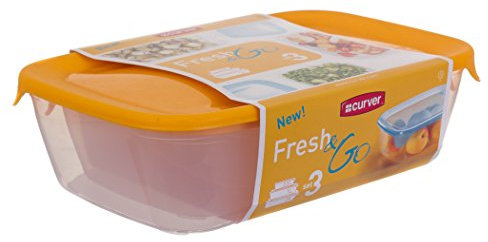 Curver Gefrier-safe quadratisch Kunststoff-Lebensmittel-Lagerbehälter mit gelben Deckel, 3-teiliges Set (0.5l + 1l + 2 l), EF503752