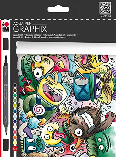 Marabu 0145000000100 - Aqua Pen Graphix, Mega Mash, 12 Aquarellfilzstifte im Set mit brillanter Farbe, wasserbasierte Tusche, Doppelspitze, aquarellierbar auf Aquarellpapier