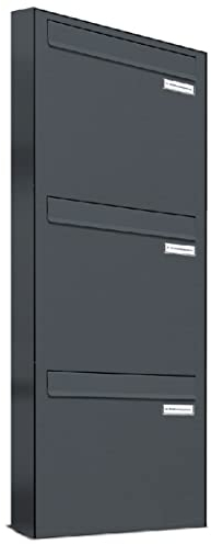 AL Briefkastensysteme 3er Briefkasten für Tür/Zaundurchwurf in Anthrazit Grau RAL 7016, 3 Fach, wetterfeste Briefkastenanlage Design modern