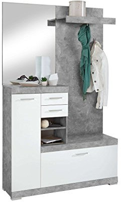Avanti Trendstore - Bristo - Kompaktgarderobe mit Spiegel, Paneel und Schuhschrank, Holzdekor mit Türen in glänzendem Weiß. 2 verfügbar. BHT 120x193,5x35,5cm (Grauer Beton/Weiß)
