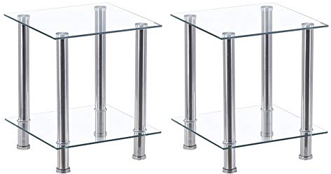 GOLDFAN 2-Tier Small Glass Coffee Table Corner Side End Table with Clear Glass and Stainless Steel Legs Living Room, Transparent (Two tables)