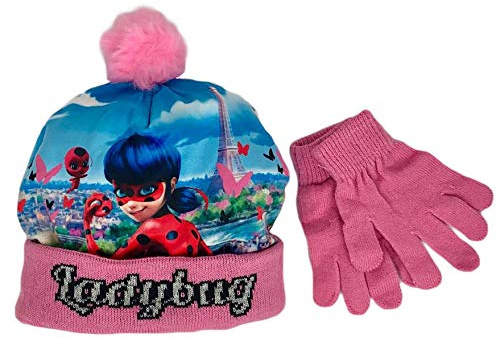 MIRACULOUS Set Hut und Handschuhe Winter Kappe Mädchen Lady Bug 1279 - Rosa, 52