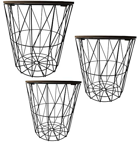 Cepewa Beistelltisch 3er Set Couchtisch im Industrie Design aus Metall mit Holz Tischplatten Ø 29 cm Ø 34 cm Ø 39,5 cm (geflammte Tischplatten)