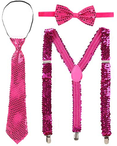 FEESHOW Damen Herren Pailletten Hosenträger Fliegen Krawatten Hut Set Glitzer Hosenträger Set Einstellbar Elastisch für Party Nachtclub Show Rose Einheitsgröße