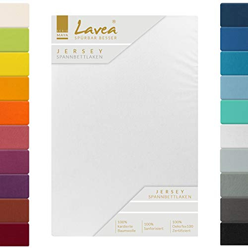 Lavea Topper Spannbettlaken, Topper Spannbetttuch, Jersey Topper Serie Maya, 200x220cm für Boxspring- und Wasserbetten, Weiss, 100% Baumwolle, hochwertige Verarbeitung, mit Gummizug