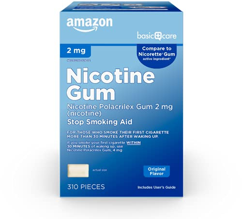 Amazon Basic Care Uncoated Nicotine Polacrilex Gum 2 mg, Original Flavor, Stop Smoking Aid, Reduces Withdrawal Symptoms, 310 Count
