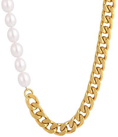 KRKC&CO Perlenketten Hip Hop Kette, Edelstahl Panzerkette mit Perlen, Barock Perlenkette 10mm Süßwasserperlen Echte Perlen Halskette, 18K Gold beschichtet Cuban Link Chain Goldketten, Herren Geschenk
