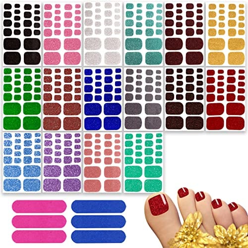 HOINCO 352 Piece 16 Sheet Full Toe Nail Stickers, Glitter Toe Nails Decals, Toenail Art Glitter Decals, with 6 Manicure Nail Tools