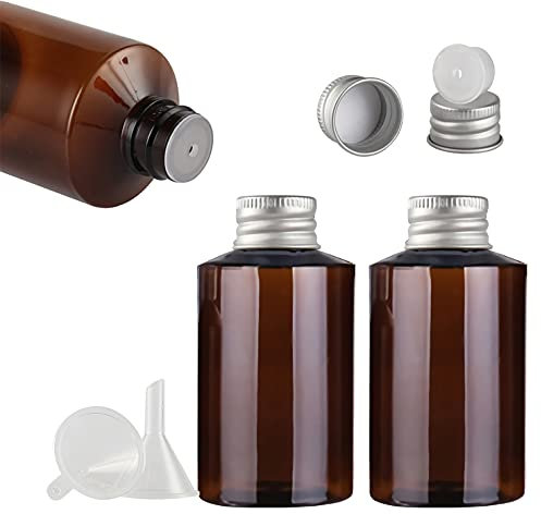 TIANZD 3 Pièces100ml Vides Marron Bouteilles en Plastique D'huile Essentielle avec Bouchon Scellé à Vis en Aluminium Argent, Réducteur d'orifice apour Huiles Essentielles Aromathérapie Cosmétique