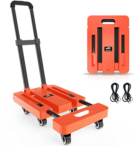 SOLEJAZZ Carrello a mano pieghevole, per camion, carrello portatile per spostamento, da 226 kg, con 6 ruote e 2 corde elastiche per bagagli, viaggi, traslochi, shopping, uso in ufficio, arancione