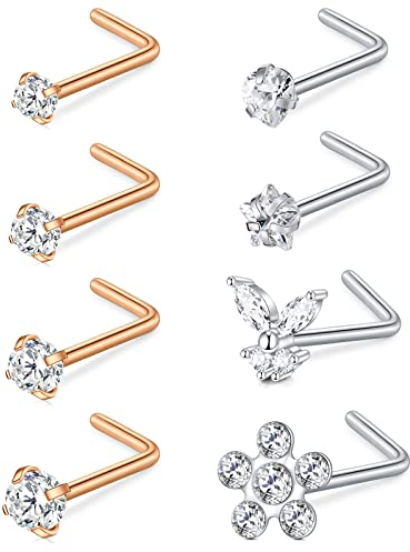AceFun 18G Nasenstecker gebogen L-förmig 1MM Edelstahl Nasensteg Nasenloch Nostri Piercing Diamant Zirkonia Piercing Körperschmuck Silber Rose Gold Herz Stern Blume Schmetterling 7MM