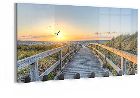 DEQORI Wandgarderobe Glas & Metall | Motiv Dünenweg zum Meer | 60x30 cm | Design Haken-Leiste modern | Garderoben-Paneel für Flur, Wohnzimmer & Schlafzimmer | magnetisch & beschreibbar