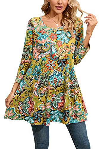 Enmain Womens Tunic Top 3/4 Sleeve Tunics for Women UK Plus Size Round Neck Longline Tops for Leggings Ladies Swing T-Shirt Casual Loose Yellow Patterned Blouse T Shirts XXL