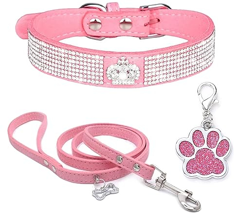HALFSUMO Strass Hundehalsband Weicher Samt Leder Halsband Hundeleine Combo Set Niedliche Luxus Diamantbesetzt Bling Verstellbares Welpenhalsband für Kleine Mittelgroße Hunde Katzen Rosa S