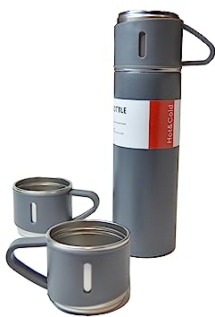 Botella Térmica Aislante Ivybrand con Tres Tazas - Termo de Acero Inoxidable 500ml - Se mantiene Caliente o Frío de 12 a 24 horas - Termo Cafe Sin BPA - Apto para Lavavajillas (Gris)
