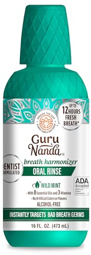 GuruNanda Oral Rinse Fresh Breath Mouthwash, ADA-Accepted Alcohol-Free Mouthwash, 7 Essential Oils & Vitamins, SLS & Flouride-Free, Wild Mint, 473 ml