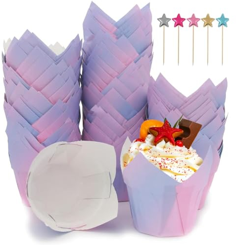 Cupcake Backbecher, 100 Stück Muffinförmchen Papier mit 50 Stück Pentagramm Cupcake Toppers, Tulpen Muffinförmchen Papier für Backen Cupcakes Muffins Geburtstag Hochzeit Party(Rosa-Blau)