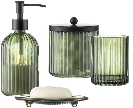 KMwares 4-teiliges schweres Badezimmer-Zubehör-Set aus Glas mit dekorativem gepresstem Muster inklusive Handseifenspender & Becher & Seifenschale & Zahnbürstenhalter (Olivgrün)