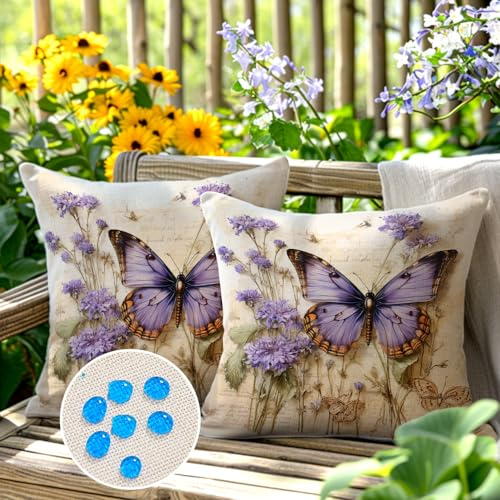 wtisan Kissenbezug 45 x 45 cm Dekorative 2er Set Wasserfest Outdoor Kissen Gartenkissen Wetterfest Atmungsaktiv Lila Schmetterling Kissenbezug Gartendeko für Draußen Heim Sofa Garten…