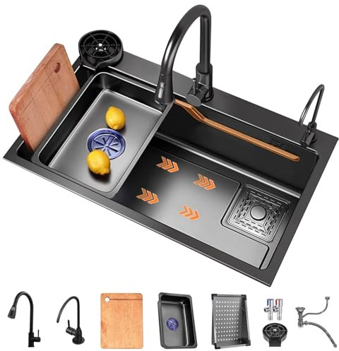 Fregadero de cocina negro, fregadero individual de acero inoxidable con escalones deslizantes, fregadero para estación de trabajo de granja con múltiples accesorios (60x45x22CM)