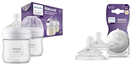 Philips Avent Lot de 2 biberons à Réponse Naturelle de 125 ml pour nouveau-né & Avent Lot de 2 tétines pour biberon à Réponse Naturelle 0% BPA, Débit 1 pour Nouveau-né de 0 mois