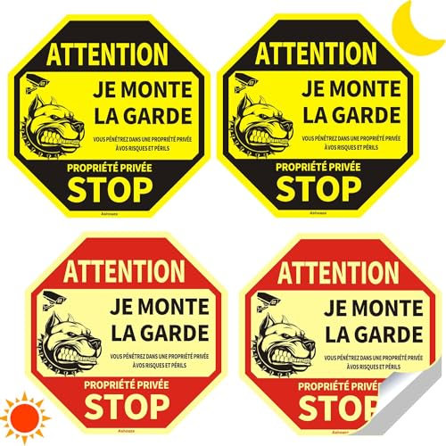 Ashoaza Attention Chien, Pancarte Chien de Garde Autocollant, 4 autocollant phosphorescent propriété privée sous video surveillance Octogonal, panneau attention au chien lumineux (Cm 20 x 20)