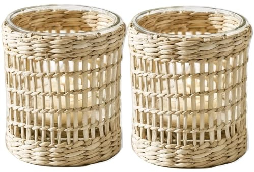 Coastal Boho Farmhouse Rattan-Votivkerzenhalter, 2 Stück, rustikales Weidengeflecht, gewebt, Votivkerzenhalter für Zuhause, Küche, Esstisch, Tafelaufsatz