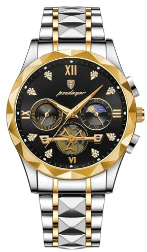 FORSINING Analoge Quarz Herrenuhr Mode Business Mens Armbanduhr Diamant Big Dial Edelstahl Leuchtende wasserdichte Luxusuhren, Schwarz