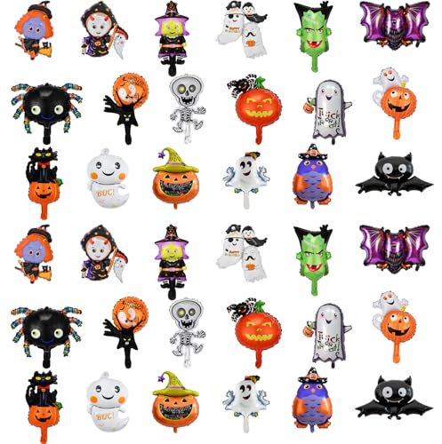 36 Stück Aluminiumfolie Halloween Ballons, Halloween Dekoration Riese Folienballons Halloween Party Ballon, Kürbis Spinne Skelett Geist Fledermaus Hexe Ballon Für Innen Und Außen Horror Deko