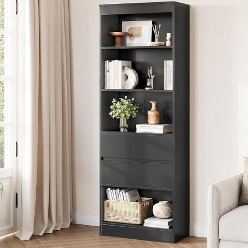 FORABAMB 180 x 60 x 24 cm Bücherregal mit Verstellbarer Ablage,Bücherschrank mit offenen Fächern Hochschrank Standregal Badezimmerschrank Mehrzweckschrank für Bad Wohnzimmer Schlafzimmer (Schwarz)