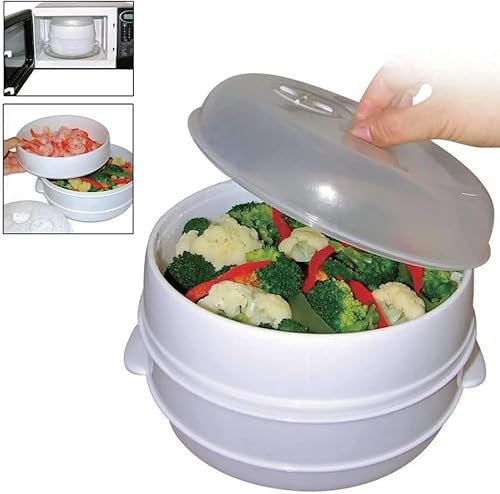 2 Tier Microwave Steamer Healthy Cooker Vegetable Fish Pasta Rice With Lid