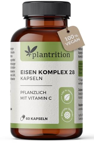 plantrition Eisen Komplex 28MG - komplett natürliches Eisen bei Eisenmangel + Vitamin C aus Acerola und Hagebutten (50MG) Alternative zu Eisentabletten, leichter zu schlucken - 60 Kapseln