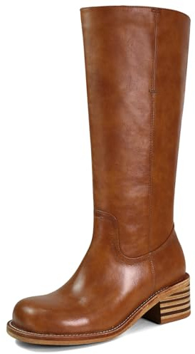 VBDB Stivali alti al ginocchio da donna, punta quadrata, tacco largo, stivali lunghi da donna, comodi stivali da donna con tacco basso, Sella marrone., 37.5 EU