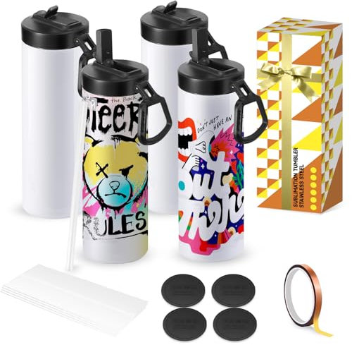 WULAIHO Sublimation Blank Tumbler, 4 Pack, 20oz Sports Wide Mouth Stainless Steel Water Bottle, Vacuum Flask with Portable Handle and Straw for Tumbler Press Machine Sublimation Print