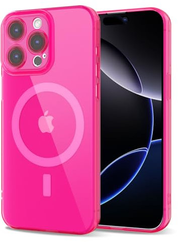 Svanove for iPhone 16 Pro Max Case Clear Compatible with Magsafe, Fluorescent Transparent Magnetic Magnet Mag Case, Slim Thin Bright Silicone Grip & Shockproof Bumper Camera Cover, Neon Hot Pink