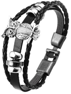 FUSHENGTER Armband Herren Armbänder Männer Armreif Mehrschichtiges Geflochtenes Lederarmband Mit Eulenperlen Und Charms Für Herren, Punk-Accessoires