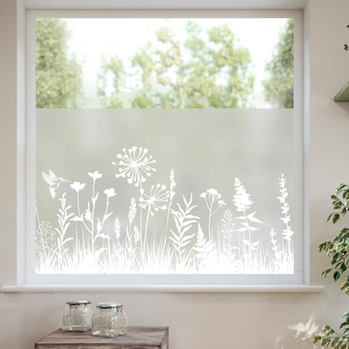 dktie Window Privacy Film White Window Film Plants Window clings Non-Adhesive Reusable Decoration for Room (02, 44.5x200cm)