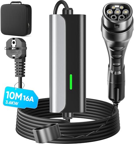 Chargeur Voiture Electrique Type 2-10M - 3,68kW EV Chargeur Type 2 16A, Câble Recharge Voiture Electrique Rapide 3,68kW, vec Voyant LED, IEC 62196-2, IP65, pour EVs und PHEVs