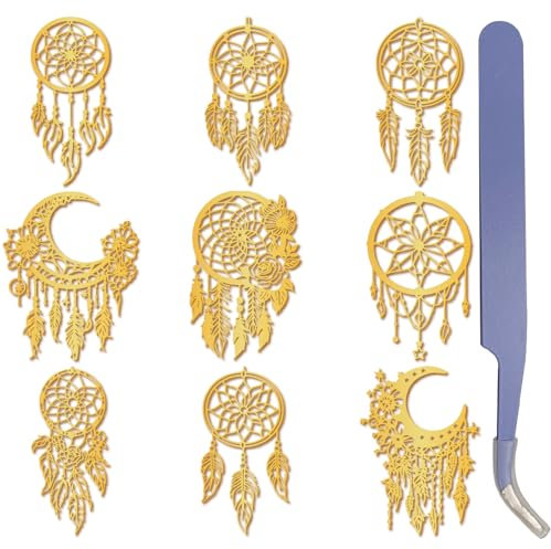 craspire 9 Stück Goldene Federaufkleber Goldener Metallaufkleber Mit Pinzette Federn Traumfänger Boho Orgonit Selbstklebend Wasserdicht Nickel Dekorationsaufkleber Für DIY Sammelalben Kunsthandwerk