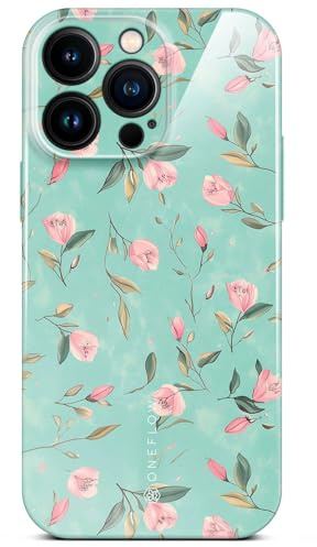 ONEFLOW Flower Cover für iPhone 14 Pro Max Hülle in Floral Optik, Blumen Designer Case Handy Schutzhülle mit Kameraschutz, Hardcase dünne Handyhülle Blumenmuster, Mintgrün