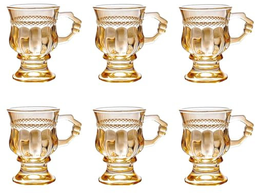 binsakao Tea Glasses Set of 6 - Turkish Moroccan Tea Cups with Handle - 150 ml Espresso Cups - Footed Glass Coffee Mugs for Hot Cold Beverages Drinks (Amber)
