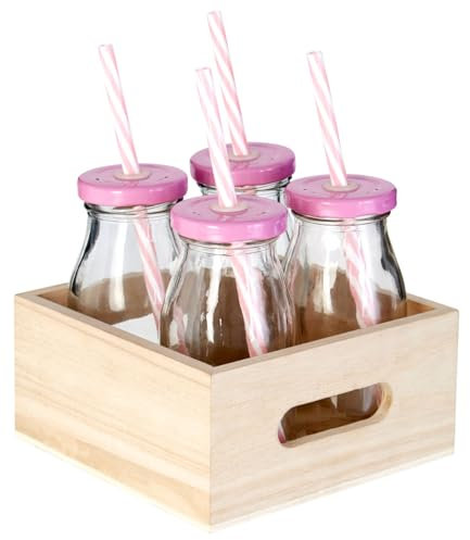 UNIQUE HOME LIVING Set of 4 Glass Milk Bottle with Straw, 200ml Retro Glass Drinks Milk Shake Juice Bottles with Wooden Tray, Reusable Drinks Water Bottle - Pink