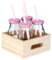 UNIQUE HOME LIVING Set of 4 Glass Milk Bottle with Straw, 200ml Retro Glass Drinks Milk Shake Juice Bottles with Wooden Tray, Reusable Drinks Water Bottle - Pink