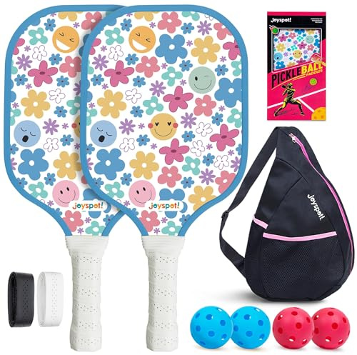 JOY SPOT! Pickleballschläger Set (2er) | Leichtgewichtige Fiberglas-Schläger | Inkl. 4 Bälle (Indoor/Outdoor), Griffbänder & Tasche | Rauten-Design | Geschenk für Frauen, Männer, Anfänger