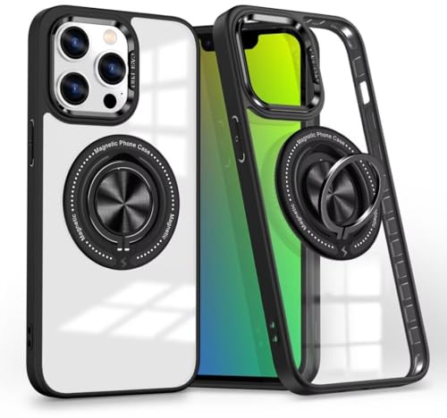 YANJIEER ESONG Clear Case for iPhone 14 Pro with Magnetic Stand, Mag-Safe, 360°Rotation Ring Holder, Silicone Protection Case Shockproof Protective Phone Cover Black