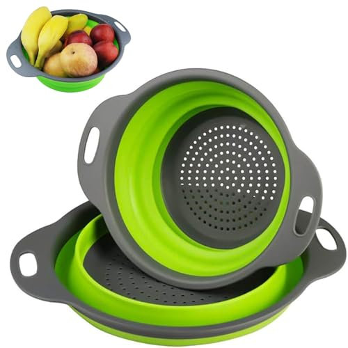 Collapsible Colander, 2-Piece Set with Large and Small Sizes, Plastic Strainers for Pasta, Vegetables, Fruits, Compact Storage Design, Green Kitchen Colanders