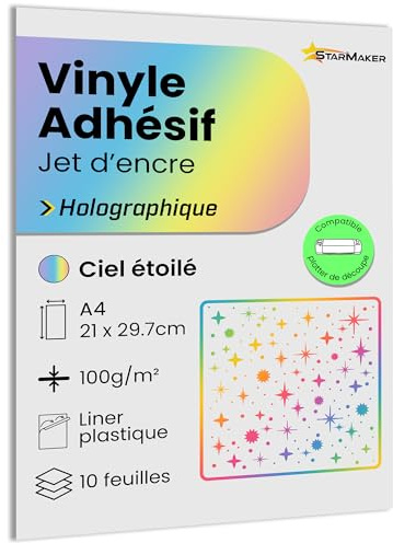 A4 x 10 Blatt selbstklebendes Vinyl, holografisch, mit Kunststofffolie, Klebepapier, kompatibel mit Tintenstrahldrucker und Plotter, wasserdicht und strapazierfähig, für Premium-Aufkleber